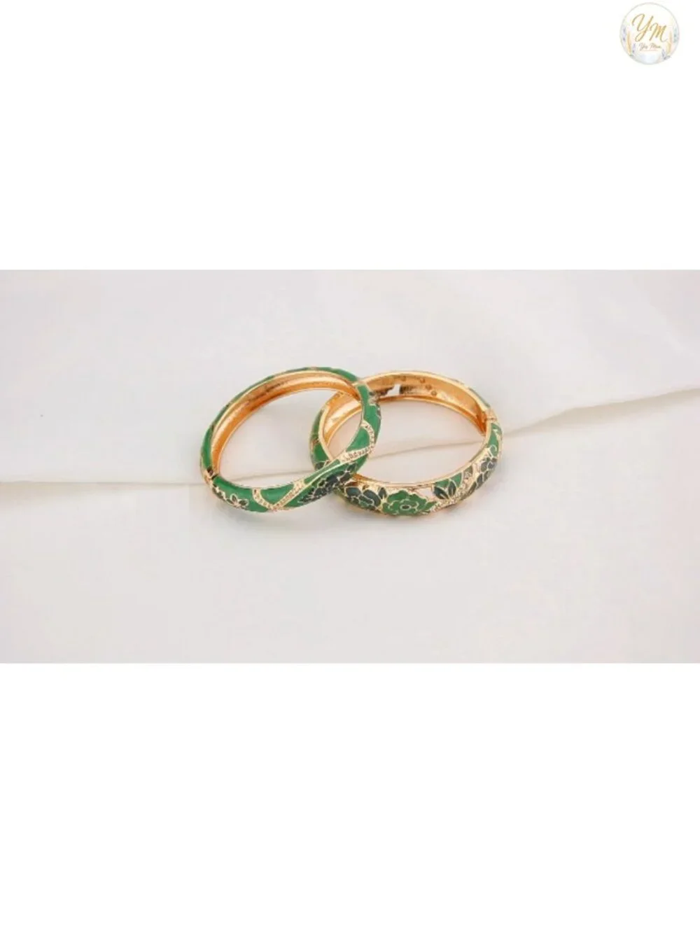 Cloisonne Enamel Rhinestone Rose Hinged Cuff Bracelet Set of 2 Alloy